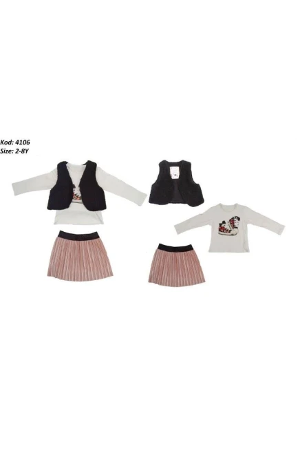 Baskili Bluz Pliseli Etek Peluş Yelek Takim