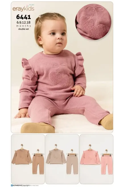 Kiraz Nakışlı Triko Pantolonlu Takım