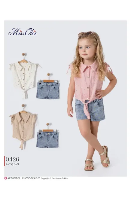 Taşlı Bağlamalı Gömlekli Kot Şort Takım