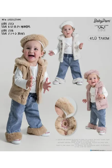Şapkalı Peluş Yelekli Pantolonlu Takım