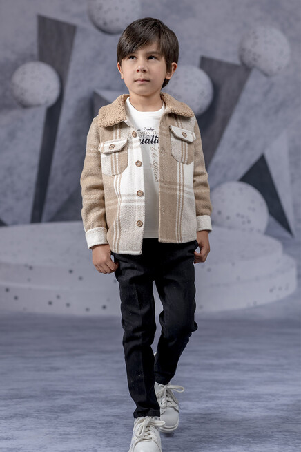 Baskili Sweatshirt Peluş Yakali Oduncu Gömlek Pantolon Tk