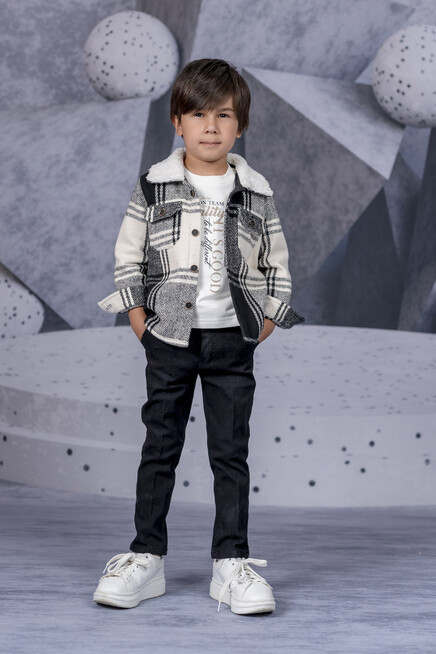 Baskili Sweatshirt Peluş Yakali Oduncu Gömlek Pantolon Tk