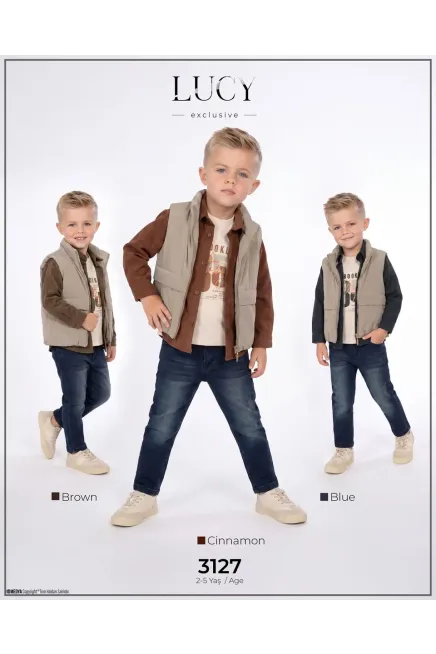 Yelekli Kadife Gömlekli Sweatshırtlu Pantolonlu Takım