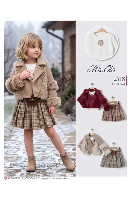 Tüylü Ceketli Sweatshırtlu Etekli Takım